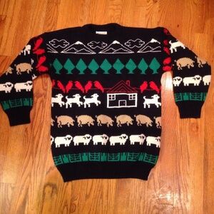 VTG Animal Farm Pig Sheep Lamp Wool Sweater Small